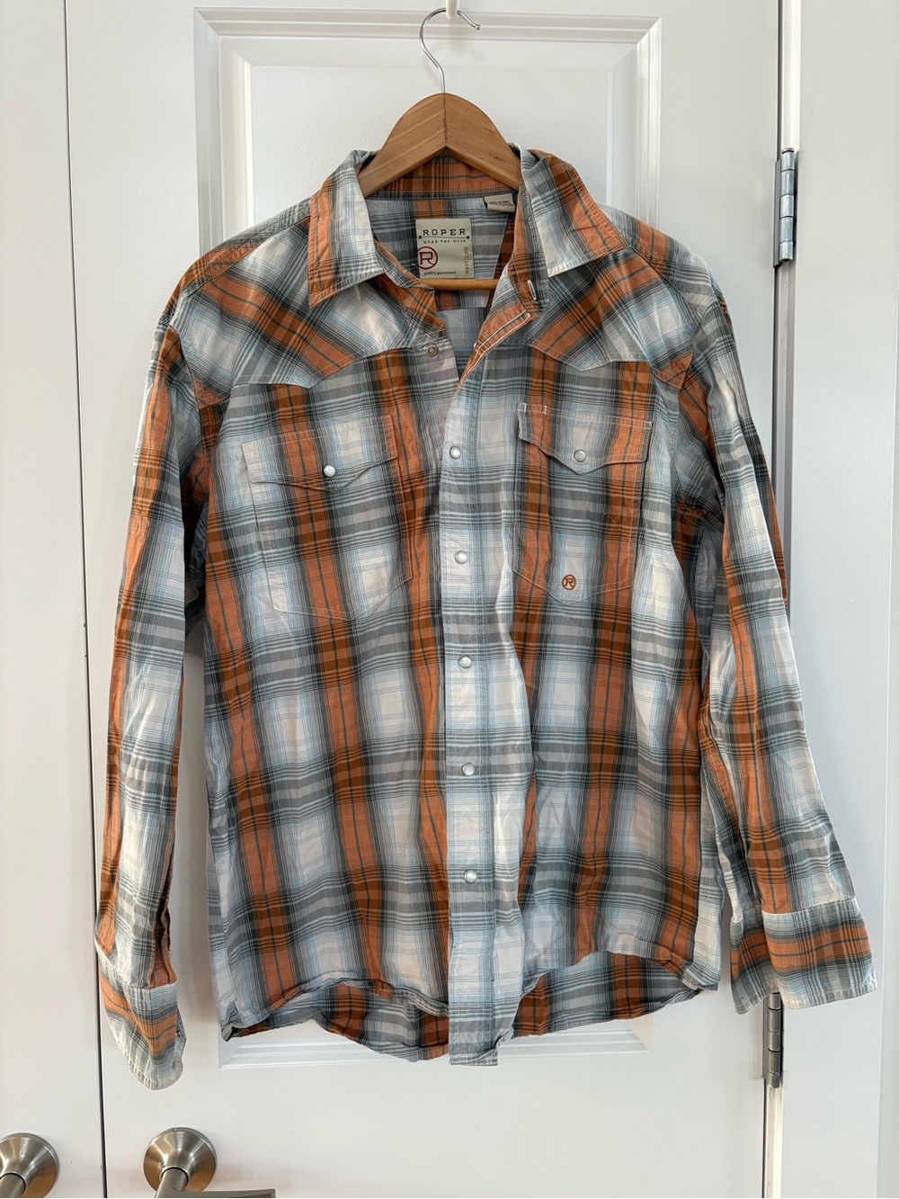 Roper Men's Orange & Gray Plaid Pearl Snap Shirt Stampede Rodeo Farmer Rancher